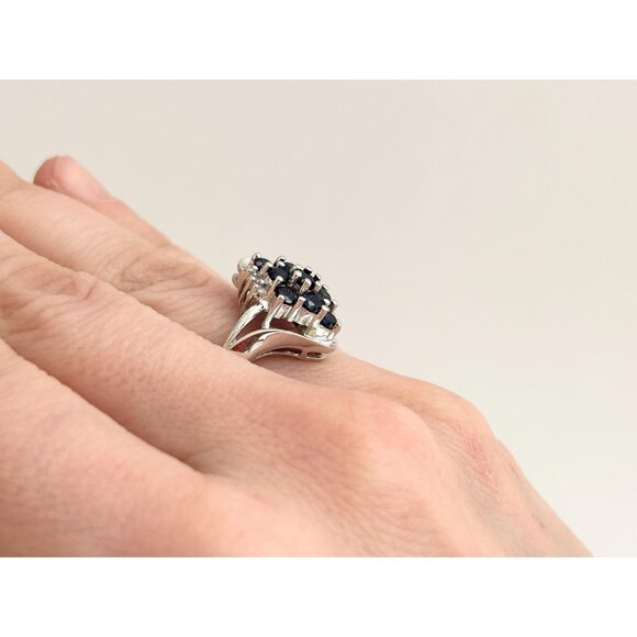 10k White Gold Blue Sapphire & White Diamond Vintage Gemstone Cocktail Ring sz 7 - Picture 9 of 10